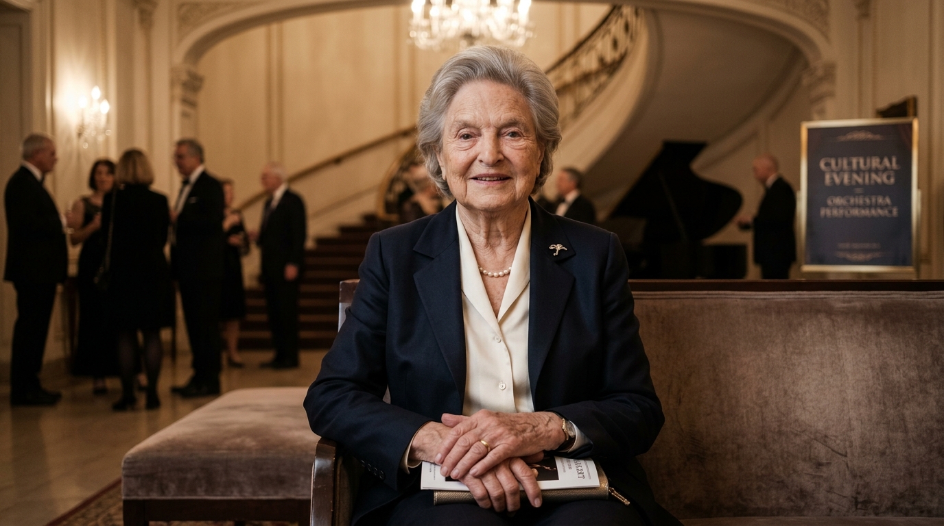 Annaliese Soros portrayed in a refined editorial-style portrait connected to her lifelong support of classical music and young musicians.
